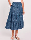 NEW NWT Blue Floral Lightweight Denim Sz Small Tiered Midi Skirt Pockets BLAIR